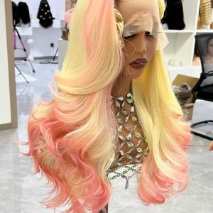 Blonde and pink ombre 13x4 HD lace frontal wig made with 100% raw virgin human hair, soft, silky, and full-bodied with glamorous curls.