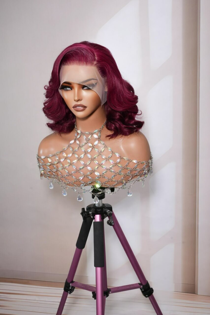 Short Body Wave Human Hair Wig Lace Front, 200% Density, Burgundy Colors, 100% Virgin Hair