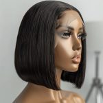 Model wearing Vietnamese Bob wig, natural black, 10 inch
