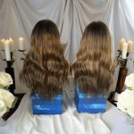 Brown body wave 13x4 HD lace frontal wig made of 100% virgin human hair, displayed on mannequin head with natural waves