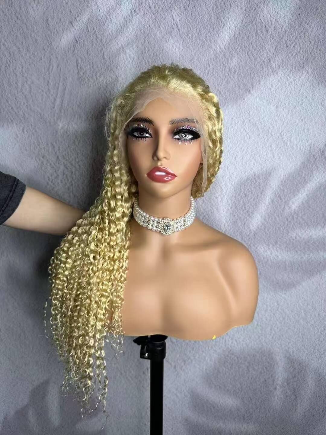 Front view of a 613 water-wave frontal wig with natural hairline and defined water curls — perfect for retailers and salons.