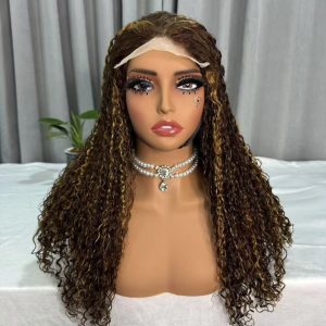 A mannequin head wearing a long curly human hair lace front wig with brown highlights and tight curls, styled for a natural look.