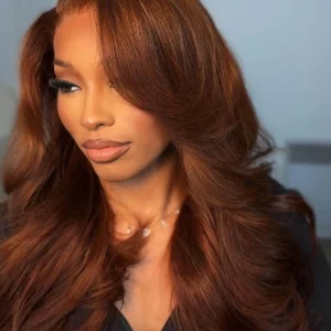 Cherry brown body wave wig with 5x5 transparent lace closure, 100% virgin human hair, 250% density, 20-30 inches
