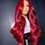 Cherry red glamorous loose wave wig with 13x4 transparent lace front, 100% virgin human hair, 250% density, 20-30 inches