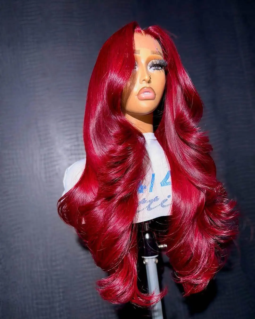 Cherry red glamorous loose wave wig with 13x4 transparent lace front, 100% virgin human hair, 250% density, 20-30 inches
